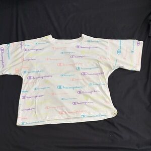 Champion White Tee with Pastel Multicolor Logos